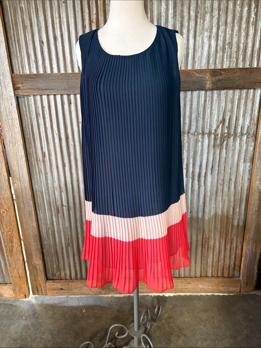 French Connection Navy Pleated Sleeveless Dress with Pink and Red Hem